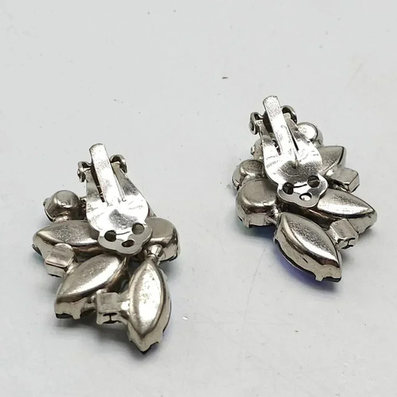 Blue Aurora Borealis Navette Rhinestones Leaf Clip-On Earrings - Picture 3 of 4